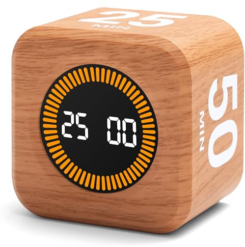 Exlliy Rotating Productivity Timer 5, 25, 10, 50 Minutes Preset, Desk Cube w/Gravity Sensor for ADHD, Mute Functions, Ideal for Work, Study, Kitchen, Back to School (1, Wood Grain Finish)