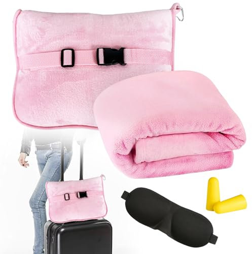 HOSPAOP Coperta da viaggio aeroplano, cuscino da viaggio 2 in 1, coperta portatile per aeromobili (127 x 152 cm) con maschera per dormire e tappi per le orecchie, cuscino da viaggio per viaggi, treno