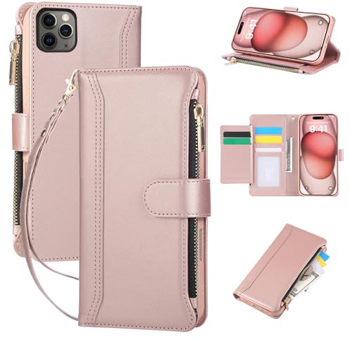 Jeffene Wallet Case for iPhone 12 Pro Max with Lanyard - Shockproof Magnetic Flip Case with Card Holder & Zipper Pocket | Protective PU Leather Phone Cover with Kickstand for Women & Men (Rose Gold)​