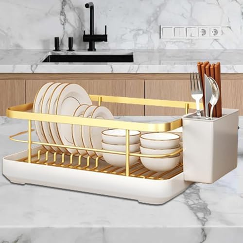 Abtropfgestell Geschirr, Geschirrabtropfgestell mit Besteckablage, Geschirr abtropfständer, Dish Drying Rack, Kohlenstoffstahl und ABS, Für Teller, Löffel, Gabeln und Essstäbchen 34x26x16 cm (Gold)