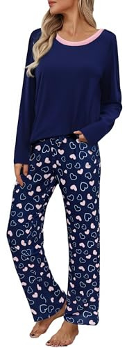 Litherday Pigiama Donna Cotone Lungo Pigiami Due Pezzi da Donna Invernale Maglietta Manica Lunga Collo Rotondo Pantaloni con Stampa a Cuore