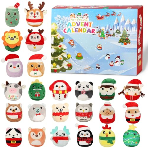 Calendario dell'Avvento natalizio 2025 con 24 simpatici mini peluche (8 cm), conto alla rovescia di 24 giorni, peluche da collezione, set regalo per bambini, ragazzi e adulti