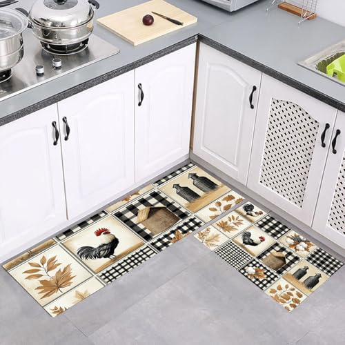 MULERN Küchenteppich Sets Quadrate Hahn Blätter, Landhaus 2 Stück rutschfeste Küchenmatten und Teppiche Läuferset, Gummibacking Absorbierende Waschbare Bodenmatten, 40x60cm+40x120cm, Beige