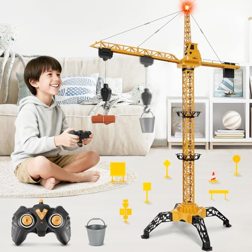Herenear Ferngesteuerte Kran Spielzeug, 140 cm Hohe Spielzeug Kran Mit Hebehaken, 360° Drehung, Lichter Und Verkehrsschilder Kinder, 2,4 Ghz RC Turmkran Für Kinder Ab 8+ Jahre