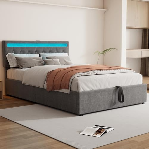BXEYXE Elektrisch verstellbares Bett 140x200 cm mit Umgebungslicht - Gepolstertes Bett mit 24-Tasten-Fernbedienung, USB/Type-C-Anschlüssen & großem Stauraum, Grau