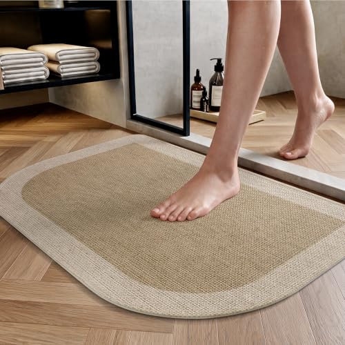 Quqei Half Circle Bath Mat Thin Bathroom Rugs Fit Under Door, 40x60cm Brown | Non Slip Rubber Backing, Quick Dry Absorbent, Washable, Semi Circle Bath mats for Bathroom Floor, Tub, Sink, Outside Shower
