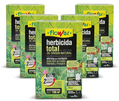 FLOWER x5 Herbicida Total Ecológico de Origen Natural para 750 m² | Elimina Malas Hierbas y Musgo de Acción Rápida | Alternativa Glifosato Súper Concentrado 1250ml para 25L | Resultados en 2H (5 UDS)