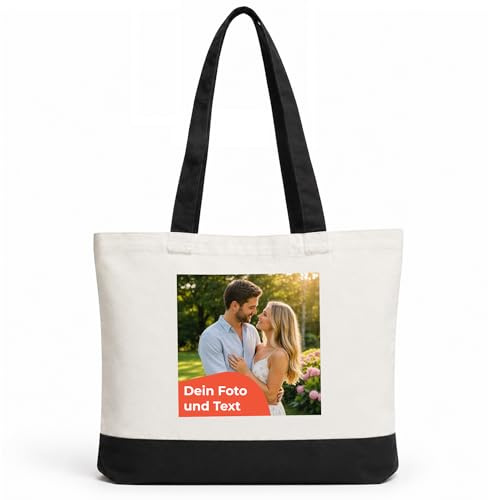 Cimpress Personalisierte Baumwolltaschen, 47 x 38 cm, Naturfarbe/Schwarz | Eigenes Foto, Logo oder Text hinzufügen, beidseitig bedruckbar, ideal für Fotogeschenke, Alltag, Einzelhandel und Events