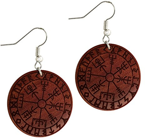 CHICNET Ohrringe Sawoholz Holz rund Silber Bügel dunkle Gravur | Nordic Celtic Viking Wikinger | leichte Ohrhänger | Organic Tribal Ohrschmuck Runen-Kompass Vegvisir