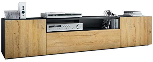 Vladon Lowboard Mogan, TV-Kommode mit 2 Türen, 1 Klappe und 1 offenes Fach, Schwarz matt/Eiche Natur (181 x 39 x 35 cm)
