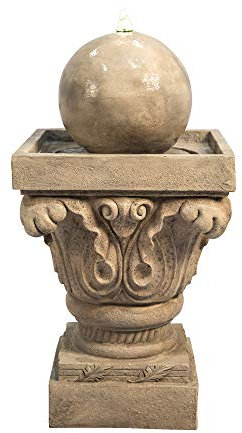 Teamson Home Garden Wasserspiel mit Lichtern, Outdoor-Kugel, traditioneller Wasserbrunnen und Pumpe, Indoor-Kaskaden-Zen-Wasserfall-Ornament, Terrassendekoration, Braun, 38.0x38.0x70.5