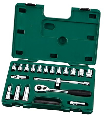 SATA ST09005SJ Steckschlüsselsatz, Knarrenkasten, Ratschenkasten 1/2/12,7 mm, Sechskant Metrisch mit Umschaltknarre, Steckschlüssel und Zubehör in robustem Koffer 23 Tlg.
