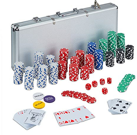 Relaxdays Pokerkoffer, 500 Pokerchips ohne Wert, 2 Kartendecks, 5 Würfel, Button Set, abschließbar, Aluminium, silber