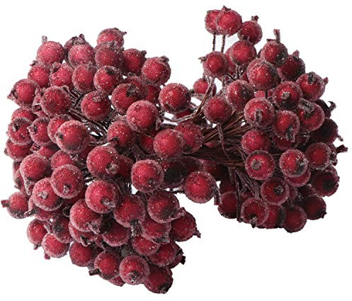 KKSTY 200 Pcs/100 Wired Berries Stems Artificial Frosted Berries Christmas Holly Berries Mini Fruits for Xmas Tree Decoration Wreath Garland Making Supplies… (Wine Red)