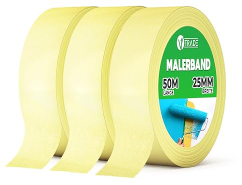 V1 Trade - Maskeringstejp, målartejp 25 mm x 50 m - Allmänt tillämpligt, resterfritt Avtagbar målarkräm för alla standardmålningsarbeten (25 mm x 50 m (3 Stück))