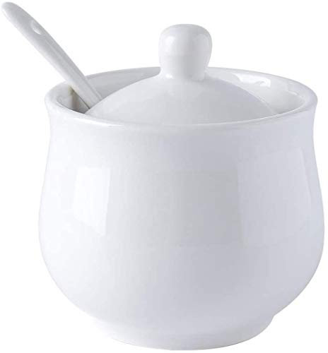 Qiuerte 1 sucrier en céramique de 200 ml avec couvercle et cuillère, pot de rangement en porcelaine blanche pour sucre, sel, poivre