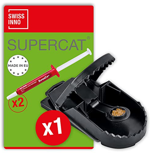 SWISSINNO Trappola per Ratti SuperCat – Tagliola a scatto robusta e riutilizzabile con esca arachidi – Extra forte interno esterno – Igienica pronta all’uso - 1 Trappola + 2 Siringhe di Esche