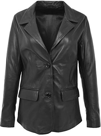 Womens Real Leather Two Button Blazer Classic Jacket Shirley Black (14)