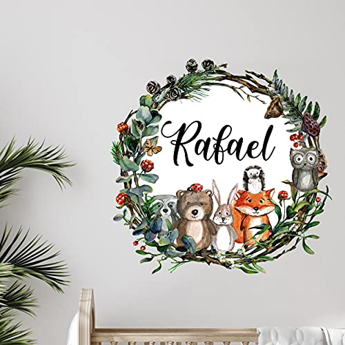Waldtiere mit WUNSCHNAME V299 Wandtattoo personalisierbar Aufkleber Sticker Kinderzimmer Namensaufkleber Name Wunschnamen Türaufkleber Kranz (60 x 60 cm)