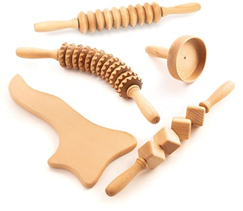 Tuuli Maderotherapie Holz Set, 3 Roller, Paddle und Holztasse, 5-teilig | 5-teiliges Buchenholz-Set, 3 Roller, Gua Sha Paddle, schwedische Holztasse mit 8 cm Durchmesser