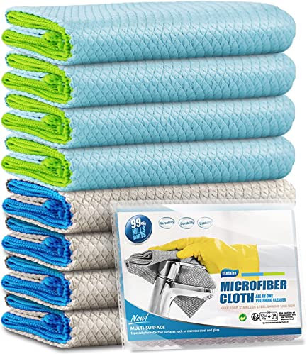 Ekedalen 8X Microfiber Cleaning Cloth, Glass Window Mirror Cloth for Streak Free Lint Free Magic Shiny Polishing Buffing, Dish Cloth for Washing Drying Home Kitchen Bathroom Car, Fishscale Tea Towel
