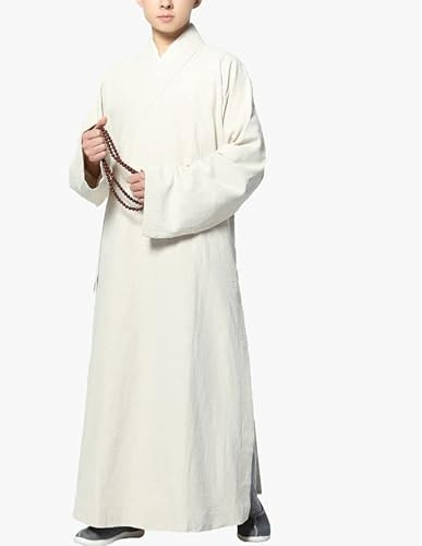 Unisex All Seaso Zen Lay Clothing Buddha Gown Frock Shaolin Monk Kung Fu Suits Meditation Robe (Color : Beige white, Size : Small)