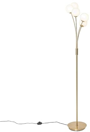 Qazqa Modern Stehleuchte, Stehlampe - Athens-opal - Gold mit Bernsteinglas, Vintage, Rund, max. 28W, Geeignet für LED, 5-flammig, 160cm, Ideal als Wohnzimmerlampe