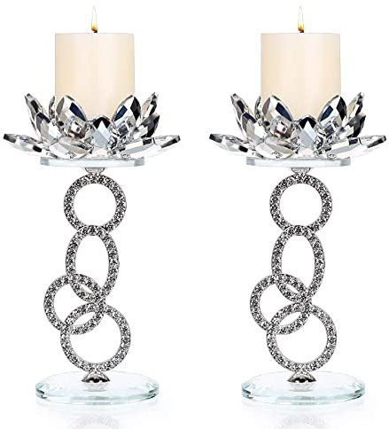 OwnMy Set of 2 Crystal Lotus Flower Candle Holders Metal Glass Lotus Pillar Candlestick Holders, Silver Crystal Lotus Tealight Candlesticks Votive Candle Stands for Wedding Table Centerpiece, 7.5 H