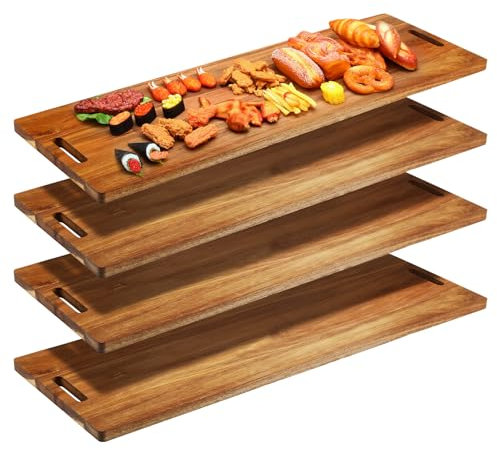 Skylety 4 tablas de madera de acacia de 35.4 pulgadas para servir queso con asas, tabla de cortar de madera grande para aperitivos, alimentos, tabla de queso para exhibición de pan y carne, decoración