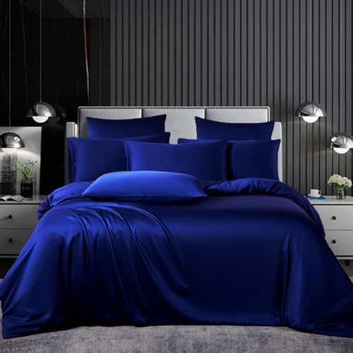 Housse de Couette 240x260cm Satin Unie Bleu Parure de Lit 2 Personnes Adulte Confortable Respirant Soyeux Brillant Literie avec 2 Taies d'oreiller 65x65cm avec Fermeture à Glissière