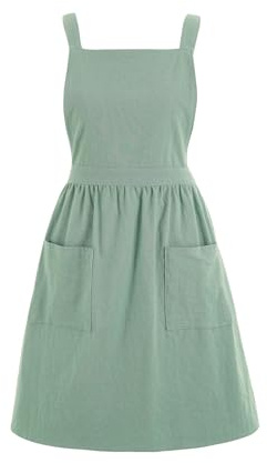Pinknoke Cotton Linen Pinafore Apron Dress for Women with Pockets Cute Art Chef Aprons for Kitchen Baking Gardening Painting (Sage Green)