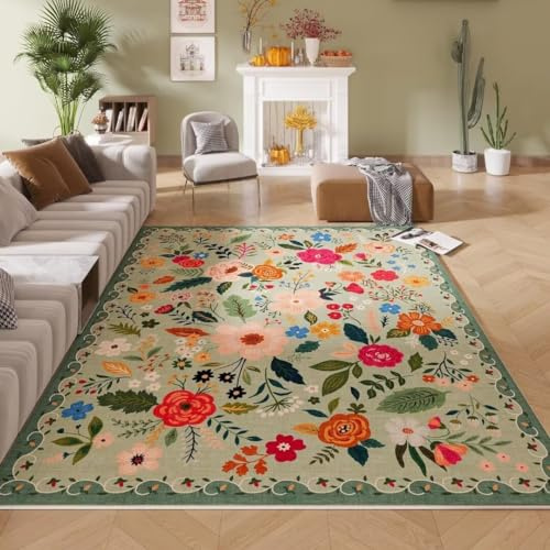 ARRITS Kurzflor Teppich 120x180 cm, Boho Blumen Wohnzimmer Kinderzimmer Schlafzimmer Rutschfest Waschbar, Weich Flauschig Rechteckiger Vintage (Grün)