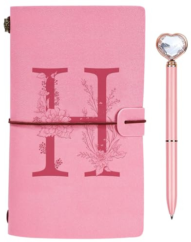 Initialen PU Leder Notizbuch mit Stift, Rosa Nachfüllbar Tagebuch für Frauen Mädchen, Reisetagebuch Skizzenbuch Notebook Geschenk für Freundin Schwestern Lehrer Abschluss Geburtstag Weihnachten H