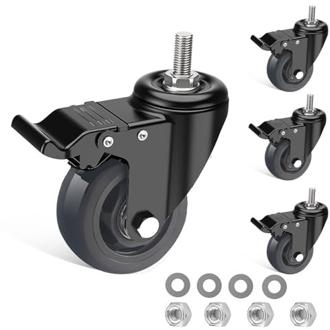 IQWTU Heavy Duty Castor with Brake, 75MM Furniture Castors with M10 X 30mm Screw Stem, PU Rubber Casters Trolley Wheels, 4 Transport Castors 360° Rotation up to 400KG