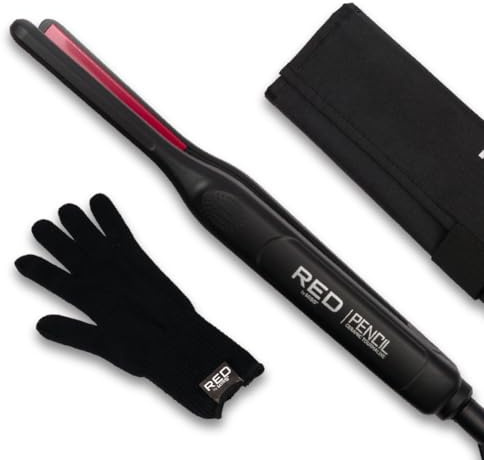 Red by Kiss Pencil Flat Iron, 0.3 Inch Tourmaline Ceramic Mini Hair Straightener, Up to 450°F for Short to Medium Hair, Pixie Cuts, Bangs & Edges, Includes Travel Pouch & Heat-Resistant Glove