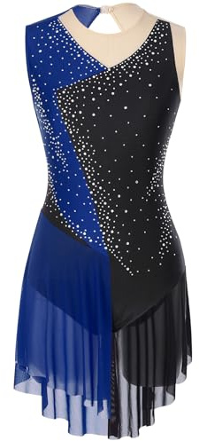 TiaoBug Damen Eiskunstlauf Kleid Ärmellos Eislaufen Rollschuh Kleid Farbblock Glitzer Ballettkleid Tanzkleid Gymnastik Body mit Volants Sport Bekleidung gr. S M L XL XXL