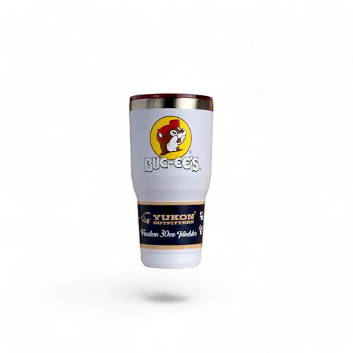 Buc-ee's White Yukon Outfitters rostfritt stål tumlare – dubbelvägg vakuumisolerad, glidlock, pulverfinish 8,5 dl