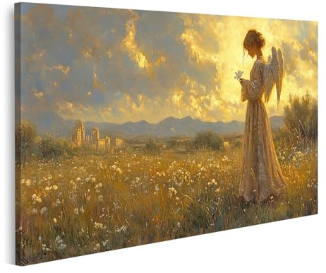 islandburner Bild auf Leinwand EIN Engel Steht auf Einer Wiese und hält eine Blume Bilder Wandbilder Poster