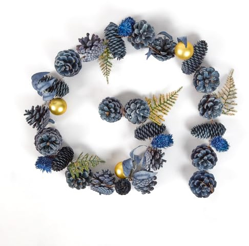 Christmas Garland Blue & Gold Pine Cone, Gold Fern Leaf & Baubles Garland | Mantelpiece, Windowsill, Banister, Garland, Christmas Decor