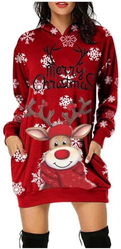 Robe de Noël pour femmes WAZHAKU - Hoodie avec capuche - Pullover imprimé - Manches longues - Sweatshirt de loisir - Pour Noël - Costume, c rouge, L