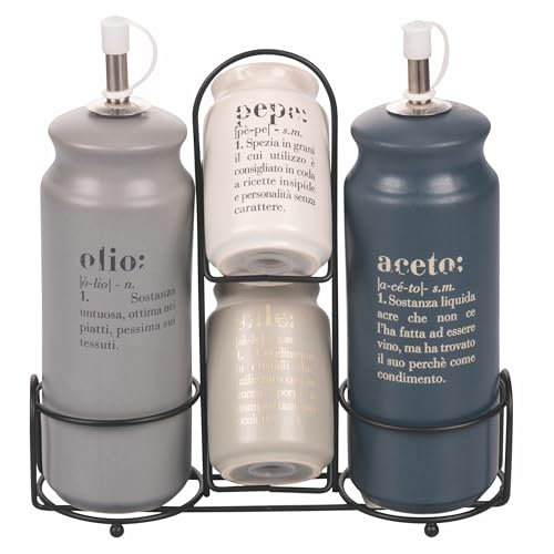 Villa d'Este Home Tivoli Set olio, aceto, sale e pepe gres, stand in acciaio inox, Victionary