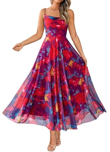 BTFBM Women Summer Floral Maxi Dresses Elegant Spaghetti Strap Dress Printed Party Dress Beach Long Dresses(Floral Navy Red Flower,Medium)