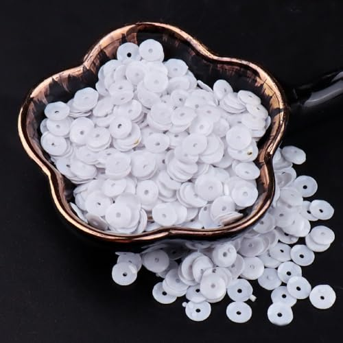 Blausky 1000 pezzi (circa 10 g) di paillettes sfuse per fai da te, paillettes in PVC con fori, paillettes ricamate rotonde, 6 mm, paillettes glitterate da cucire, incollare, fai da te, bianco