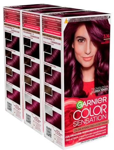 Garnier Color Sensation Colorazione Permanente in Crema Lunga Durata con Olio di Rosa Copre il 100% dei Capelli Bianchi Colore 3.16 Viola Profondo - 3 Tinte