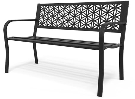 Bonnlo Gartenbank Metall Retro-Stil, wetterfeste Sitzbank für 2-3 Sitzer, Essbank mit Rückenlehne und floraler Armlehne, Gartenmöbel bis 360kg belastbar, Bänke für Garten Balkon Hof, Schwarz