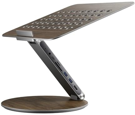 KU XIU Adjustable Laptop Stand with 7-in-1 Hub, Foldable Portable Aluminum Laptop Riser with 360° Swivel Base for Desk, Ergonomic Computer Notebook Stand Holder for All Laptops 10-17-Gray (Wooden)