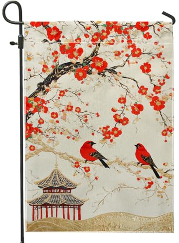Bandera de jardín de flores de cerezo para primavera y verano, pájaros rojos en árbol, decoración al aire libre, bandera de arpillera de doble cara, decoración de fiesta, 12 x 18 pulgadas