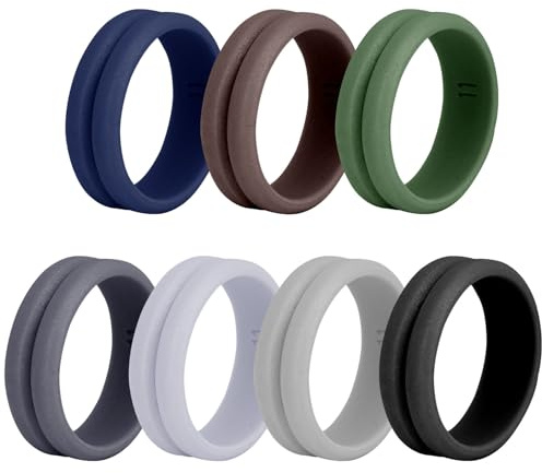 MOTIBACK Mens Rings 7-Pack Silicone Wedding Bands for Men – Durable Silicone Wedding Rings for Men with Groove Design, Comfortable Fit Skin Safe Rubber Rings Assorted Sizes 10