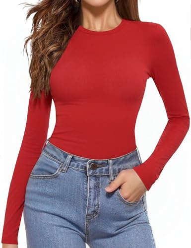Aottori Camiseta Cuello Redondo Mujer Manga Larga Básica Tops Elástica Ajustada Ligera Ropa Interior Térmica Suave Cálida para Otoño Invierno Primavera Rojo L