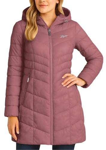 Reebok Womens Puffer Jacket - Long Quilted Hooded Winter Coat for Women - Lightweight Packable Outerwear Jackets for Women, Dark Dusty Rose, M